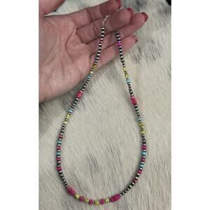 Navajo Pearl Sterling Silver Pink Jasper Palomino Blue Turquoise Necklace 16-18”